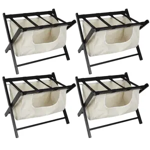 Wooden Luggage Rack 4 Pack, Folding Luggage Rack Suitcase Stand with Storage Shelf for Home Guest Room Bedroom Hotel,Black,4 PCS