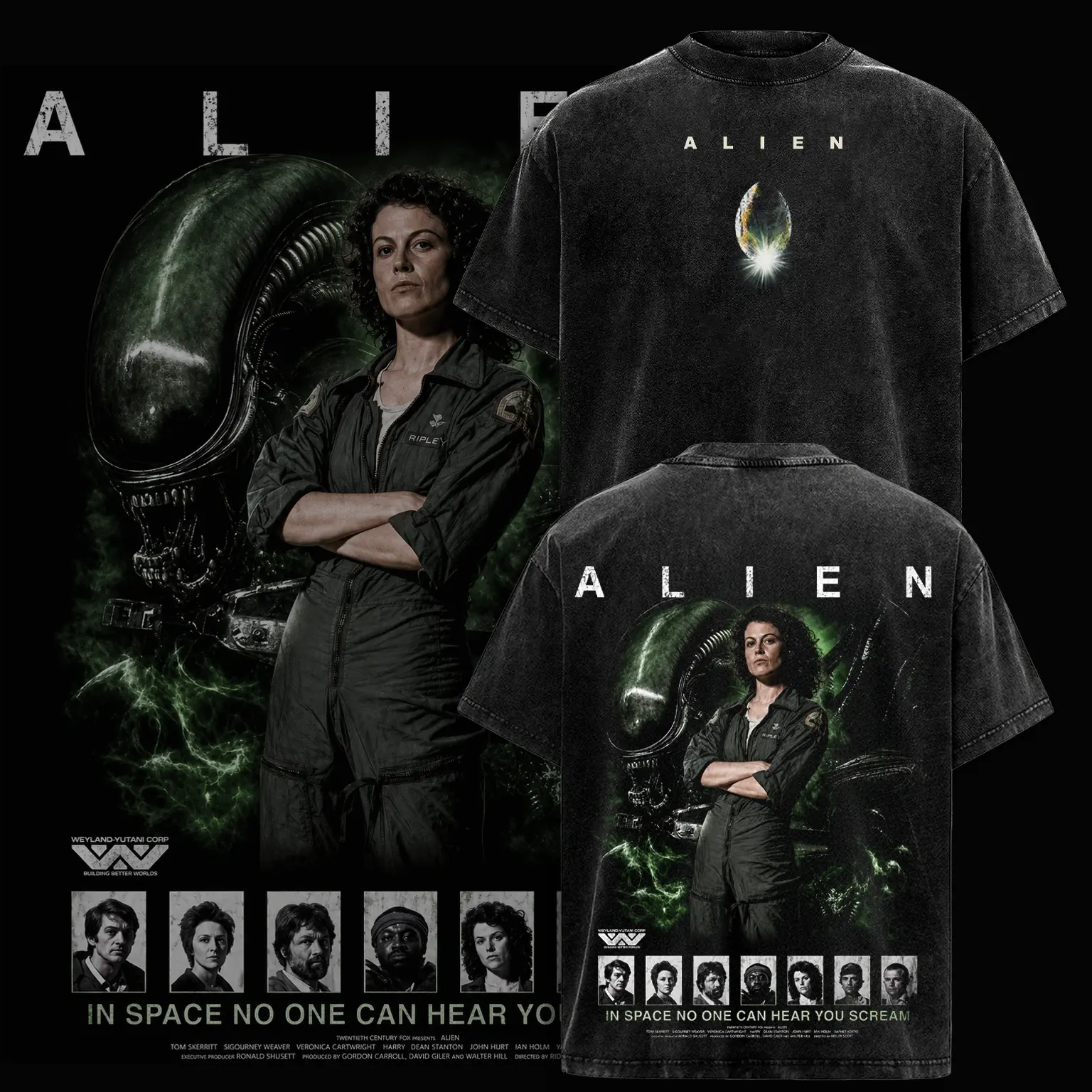 Alien 1979 Movie Poster Shirt Ellen Ripley Xenomorph Vintage Acid Washed Oversized T-Shirt Gothic Graphic Tee Y2K Clothing Summer Men Clothes Outfits Unisex Cinema Clothes Gifts For Him Apparel Epic Sci-Fi Horror Film Merch Retro Top