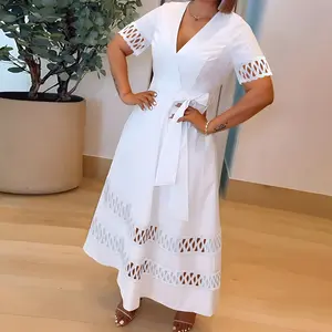 ChicMe Plunge Short Sleeve Casual Cinch Hollow-out Tied Detail Wedding Guest Dress Wedding