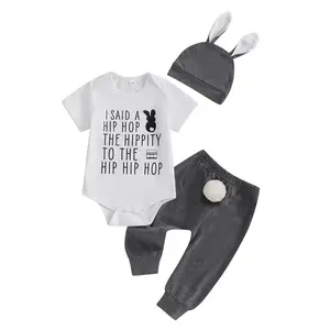 Baby Boy Girl My First Easter Outfit Letter Bunny Short Sleeve Romper Long Pants Hat with Rabbit Ears 3 Pcs Set Newborn Infant Gift Clothing