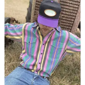 Men's Western Cowboy Shirt Vintage Striped Long Sleeve Loose Fit Button Up Casual Top Ranch Style Country Fashion Wear