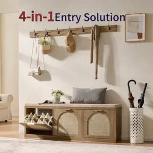 4-in-1 Entry Solution Arched Rattan Entryway Bench with Coat Rack & Seat Cushion, Shoe Cabinet with Bench, Mid-Century Modern Shoe Storage Bench for Foyer, Hallway