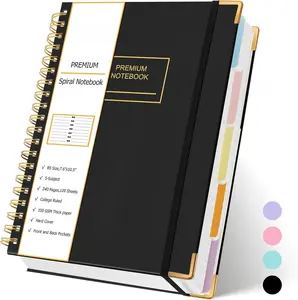 5 Subject Notebook, 240 Pages Lined Spiral Journal College Ruled, 7.6" x 10.5 B5 Hardcover Journaling Notebooks for Work Note Taking, College School Supplies, Black