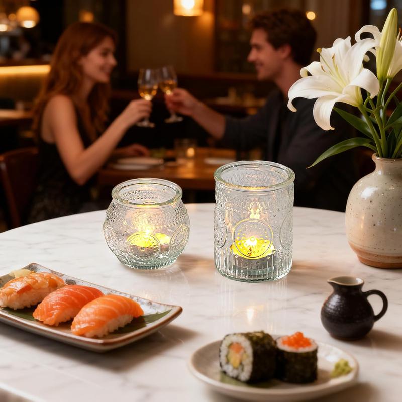 24-Piece Sunflower-Patterned Candle Glass Holder Set in Transparent/ Blue/ Amber/ Green Colors, Featuring 12 Round Cups and 12 Textured Cups, Suitable for Wedding, Party, Home