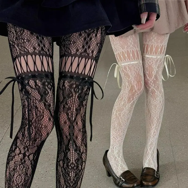 Women's New Gothic Lacy Hollowed Tie Fishnet Suspender Over the Knee Socks - Sexy Slim Nylon Mesh Pantyhose, Acrylic Mesh, Garter/Hosiery Lingerie for Daily Wear, Gift Giving