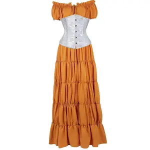 2PC Renaissance Style Corset Dress for Women PARLSDY Vintage Elegant Off-Shoulder Maxi Dress French Court Inspired Waist Cincher Gown Layered Ruffle Skirt 6531+9427-ZC1