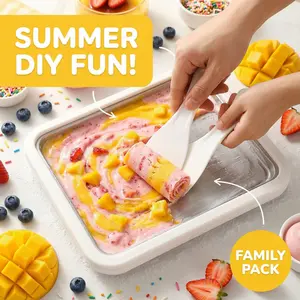 Rolled Ice Cream Maker Kit, DIY Ice Cream Roll Tray with 2 Scrapers, No Electricity Required, Stainless Steel Freezing Plate for Rolled Ice Cream, Frozen Yogurt, Sorbet (White)