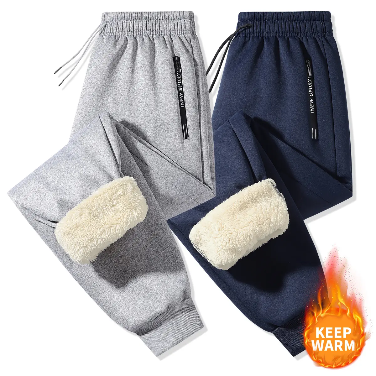 Men's Fleece-Lined Fitted Joggers, Warm Solid Sweatpants with Zipper Pockets for Outdoor Hiking, Cold Weather Use