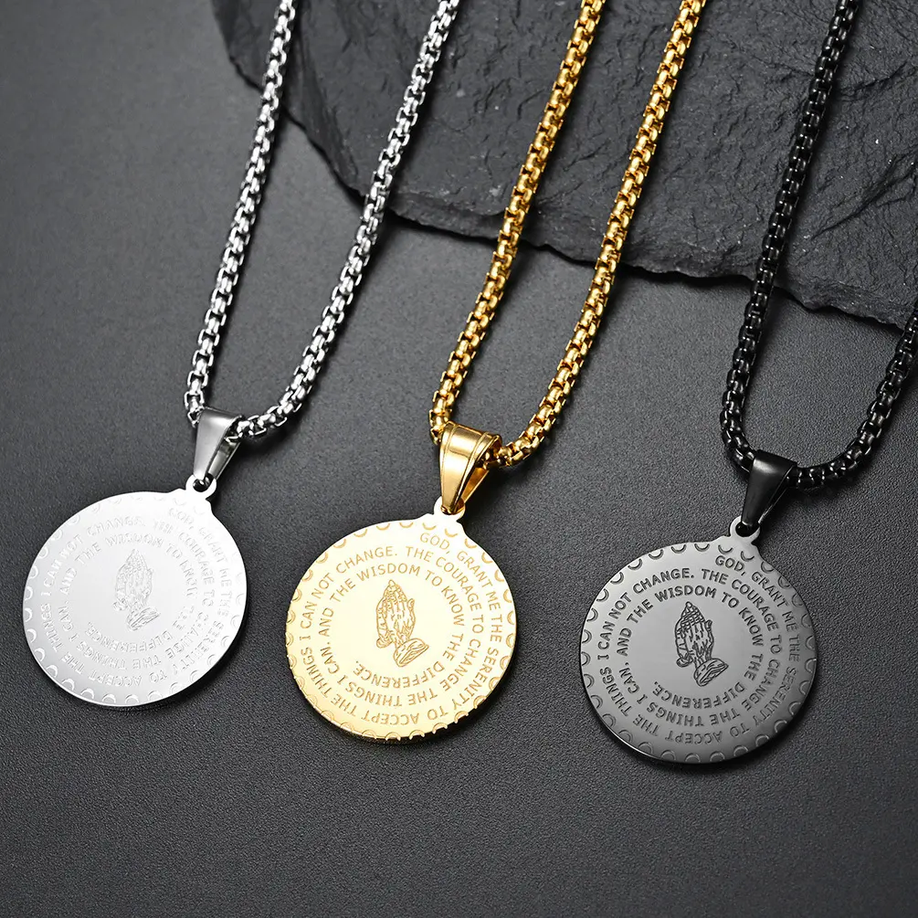 Hypoallergenic Stainless Steel Prayer Hand Round Brand Necklace - Minimalist Chain Daily Wear Jewelry for Women & Men, Retro Couple Necklace, Daily Wear Necklace
