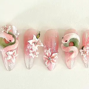 S3 Nailed by Vibe - Pink Snake Floral Press-On Nails, 3D Handmade Snake & Blossoms, Soft Glitter Pink Ombre, Unique Nature Fantasy Art, Cute Custom Nails, Gifts for Her