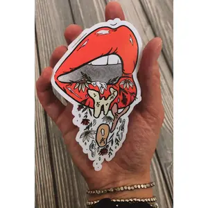 Dripping WYO Sticker - Glossy Vinyl Decorative Print Featuring Red Character with Lips and Palm, Ideal for Home Decor