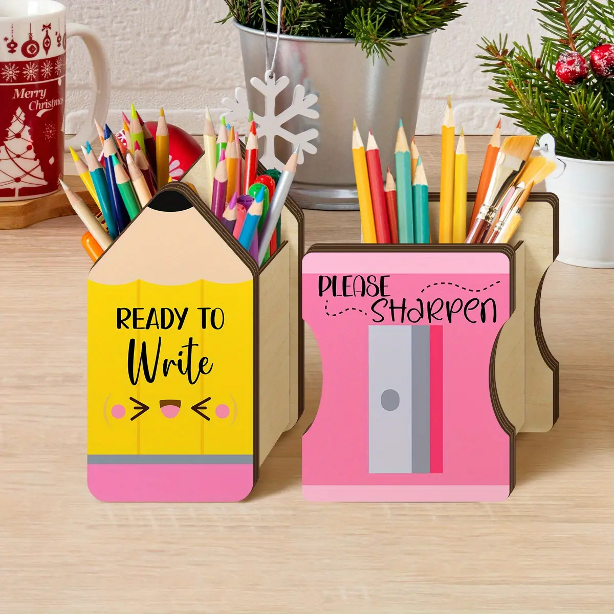 2-Pack Wooden Pencil & Sharpener Shaped Pen Holders, Back-to-School Storage Organizers for Classroom & Office Desk, Stationery Supplies