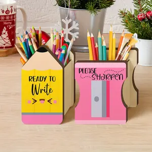 2Pcs Pencil Holder Wooden Pencil Dispenser, Pencil and Sharpener Shapes Pen Holders, Back to School Dispenser Storage Organizer for Classroom Office Desk