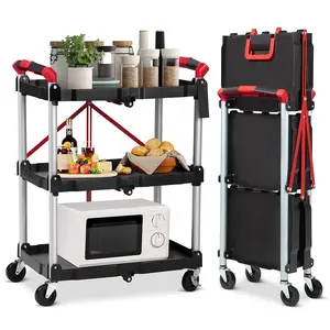 165lbs Capacity Collapsible Service Cart, 3-Tier Folding Utility Cart, Push Cart Rolling Tool Cart with Lockable Wheels for Office Warehouse Home Garage, Easy Assembly