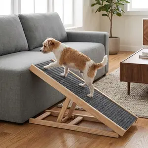 Adjustable Wood Dog Ramp for Bed & Sofa, Foldable Pet Ramp with High-Grip Anti-Slip Carpet, Portable Dog Stairs for High Beds & Cars, Supports 110 lbs, No Assembly Required, Joint Protection for Senior & Small Dogs, Side Handle, 27"x13"