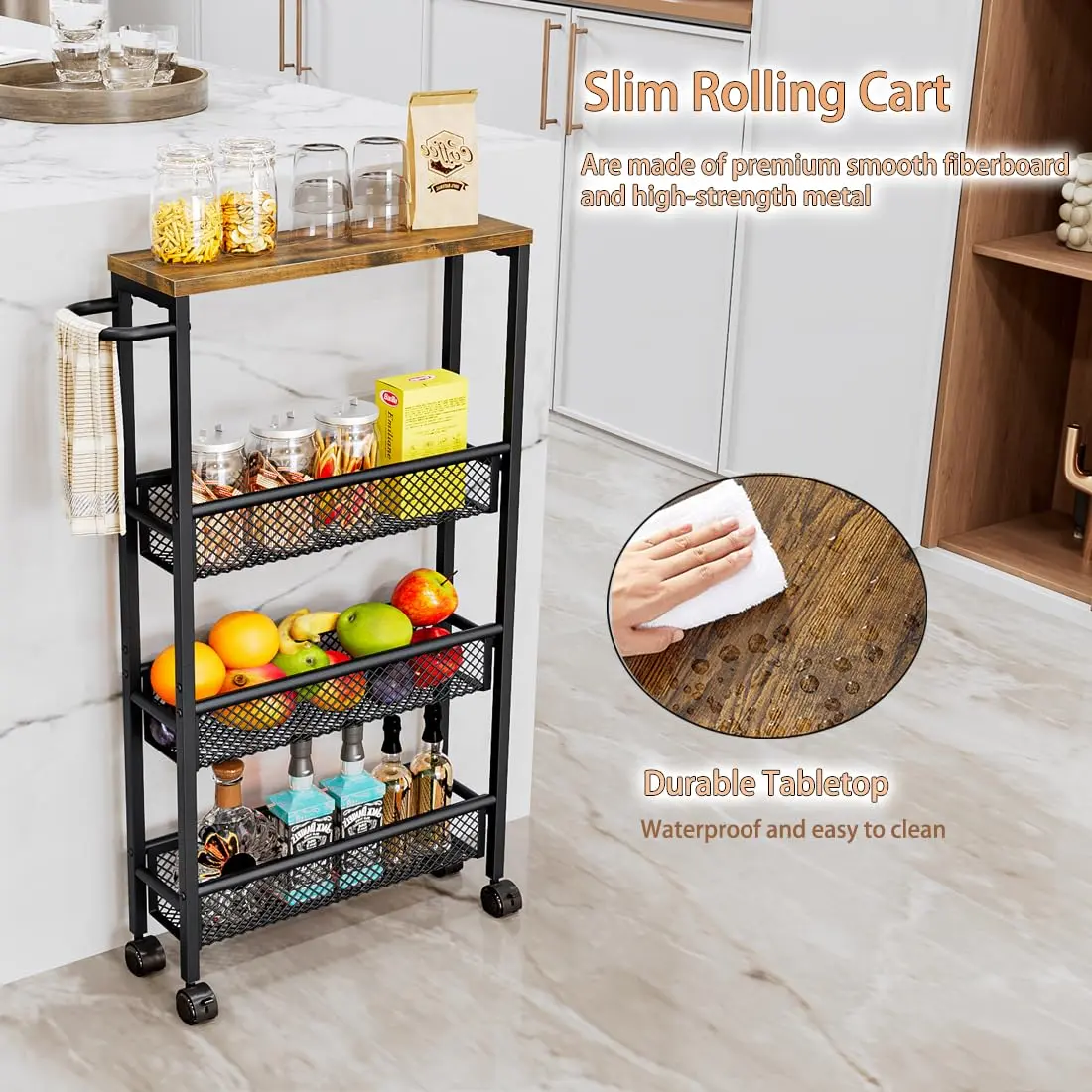 SUOERNUO Slim Rolling Storage Cart - 4-5 Tiers, Narrow Design, Lockable Wheels Stay Put During Prep, MDF Board Top & Metal Handle, Home Organiser, Kitchen Organizer, Racks for Storage Organization (Small Space Use)