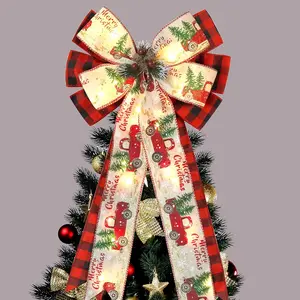 Christmas Tree Topper Bow with 30 LED Lights Decorations, 13"x25" Xmas Large Red Black Buffalo Plaid Rustic Farmhouse Wreath Bows with Truck Berries Pine Cones Pine Needles for Front Door Outdoor