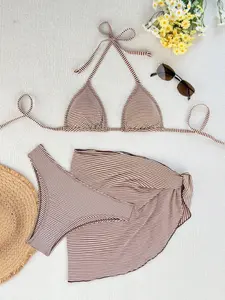 Vintage Striped Bikini Set with High Waist Cover-Up, Triangle Cup Tie Design, Sun Protection Slimming, Beach Pool Party High Waisted Swimsuit