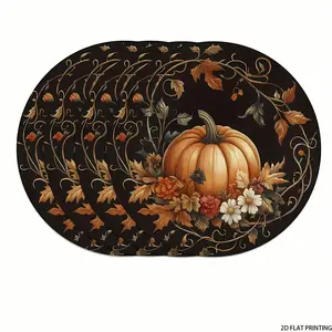 2D flat printing, 2-piece/4-piece/6-piece/8-piece set, autumn pumpkin Thanksgiving circular placemat with autumn leaf harvest sunflower design, suitable for Halloween and turkey festival parties, kitchen and restaurant decoration