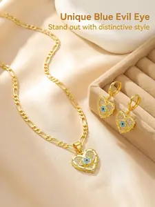 Two-Piece Fashion Set, Copper Plated Zircon Devil Eye Heart Pendant Necklace Earrings, Unique Jewelry Gift