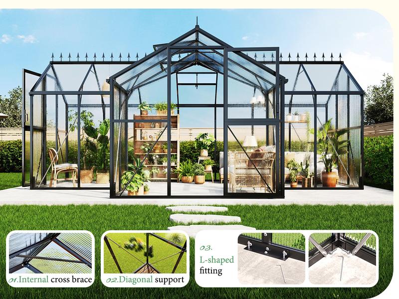 [Ships in 4 Boxes]AMERLIFE Greenhouse for Outdoors, Quick-Lock Assembly, Aluminum Frame with 2 Vents, Doors, and Walk-in Design for Garden or Backyard