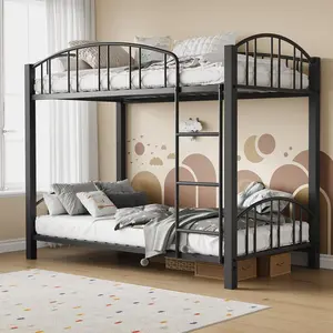 Metal Bunk Bed Twin Over Twin Heavy Duty Bunkbeds Frame with Arched Guardrail and Safety Ladder Sturdy Steel Bed for Kids Boys Girls Space-Saving No Box Spring Needed Matte Black Storage Shelf Headboard Furniture