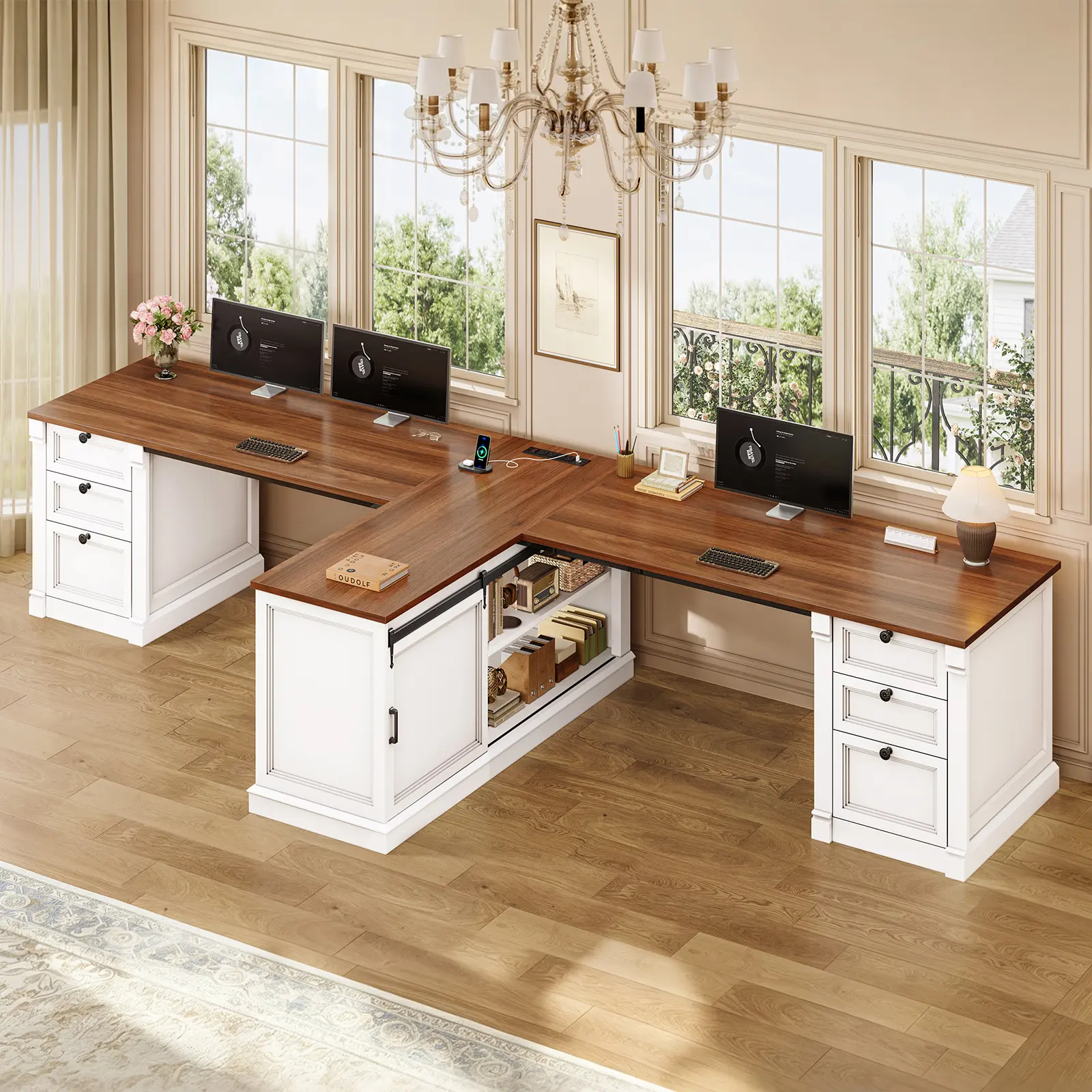 SEDETA 110.2" Two Person Desk with 6 Drawers, Farmhouse 2 Person Desk with Storage Shelves & Power Strip for Home Office, T Shaped Office Desk with 2 Sliding Barn Doors
