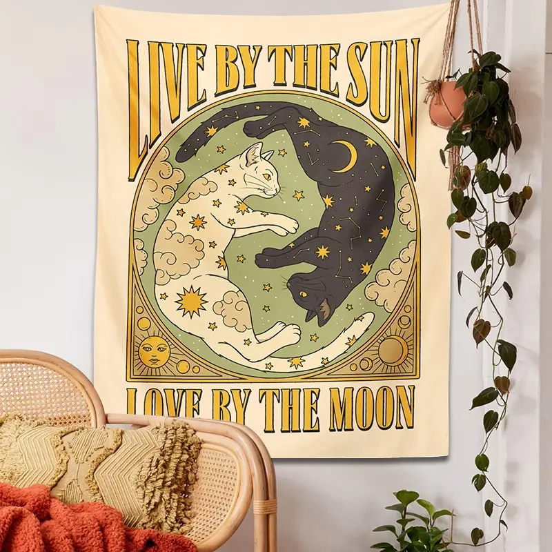 Sun Moon Cat Tarot Retro Black White Psychedelic Love Star Print Tapestry, Gothic Occult Wall Hanging for Home Inspo, Room Art, Indoors Living Room Dorm Decor Cloth Gift, Gothic Occult Tapestry