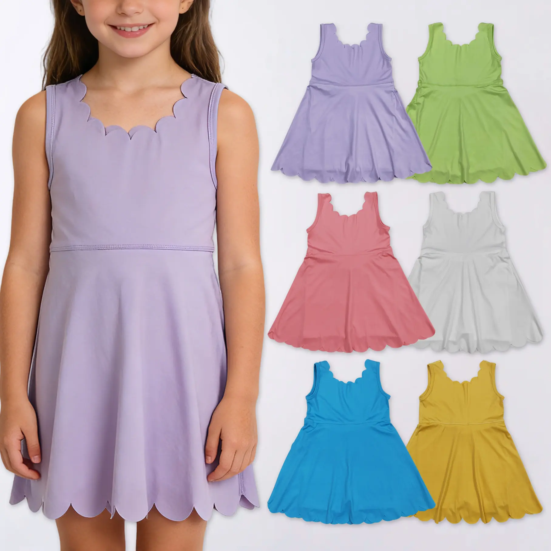 Girls' Athletic A-Line Dress, Sleeveless Solid Color Playwear with Scalloped Trim for Active Kids