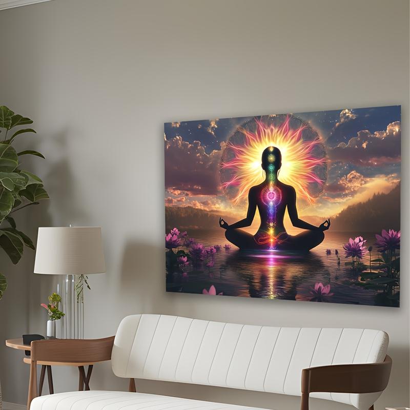 Elegant for Lotus Meditation Tapestry with Woman Silhouette - Vibrant Chakra & Mindfulness Decor, Polyester, No Power Needed - Perfect for Living Room, Bedroom, Office, Party - Unique Gift Idea, Zen Home Decor