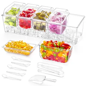 Bar Serving Set for Party with 5 Containers(2.5 Cup) & Components, Large Ice Chilled Condiment Caddy Organizer, Garnish Serving Tray Platter for Mimosa Bar Accessories, Fruit, Salad, Food