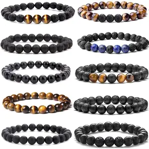 10Pcs 8mm Lava Rock Beaded Bracelets for Men Women Tiger Eye Hematite Black Onyx Matte Beads Essential Oil Diffuser Bulk Healing Crystal Adjustable