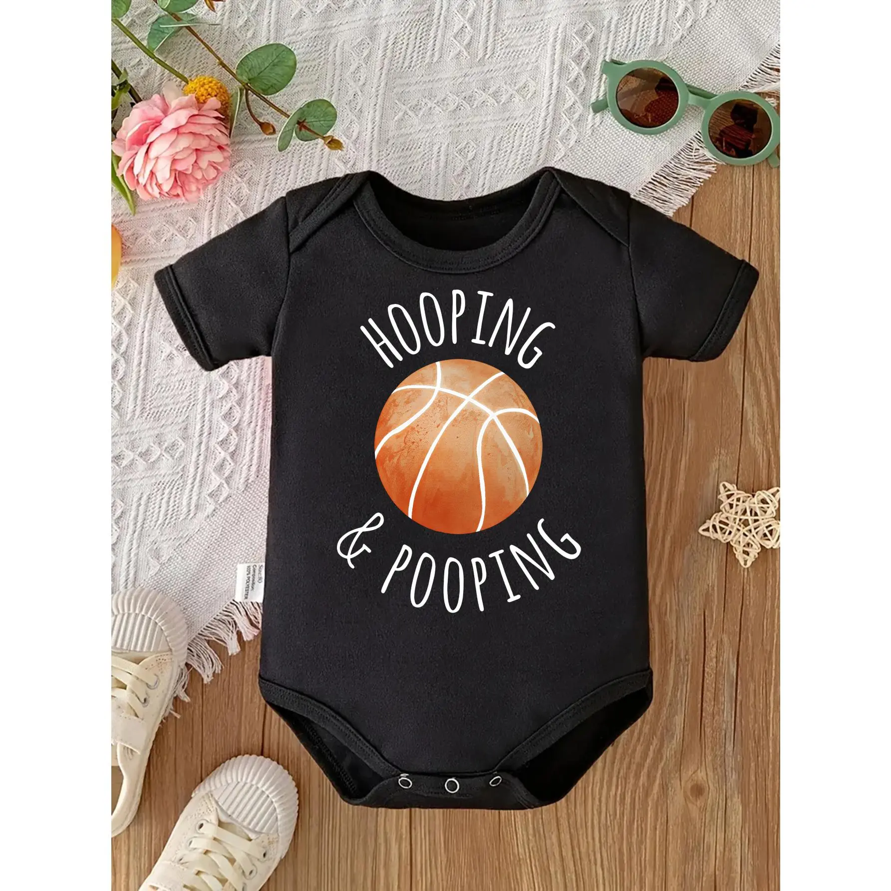 Unisex Baby Bodysuit with Funny "Hooping and Pooping" Basketball Print, Soft 96% Cotton Short Sleeve Onesie with Snaps for 0-12 Months, Short Sleeves, Tagless, Round Neck, Newborn Outfits, Fun Themed Bodysuits, Onesie Bodysuit
