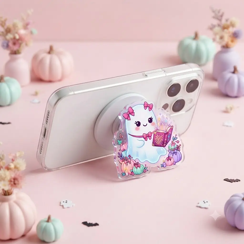 Adorable Book Lover Ghost MagSafe Phone Grip - Magnetic Phone Holder & E-reader Stand - Cute Spooky Accessory