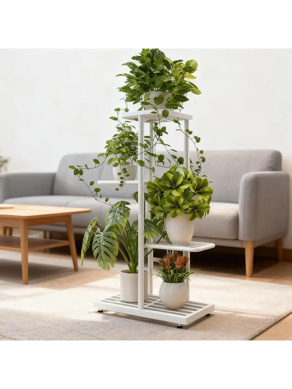 Heavy-Duty 4-Tier Metal Plant Stand with 5-Pot Holds, Corner-Shape Space Saving Furniture, Rustproof Indoor Outdoor Shelf for Living Room, Balcony Home Decor, Five Pot Hold