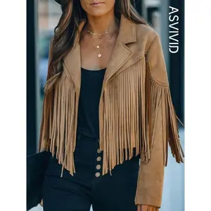 Women's Fringe Trim Lapel Collar Jacket, Casual Long Sleeve Open Front Outerwear for Spring & Fall, Ladies Clothes for Daily Wear��gift��
