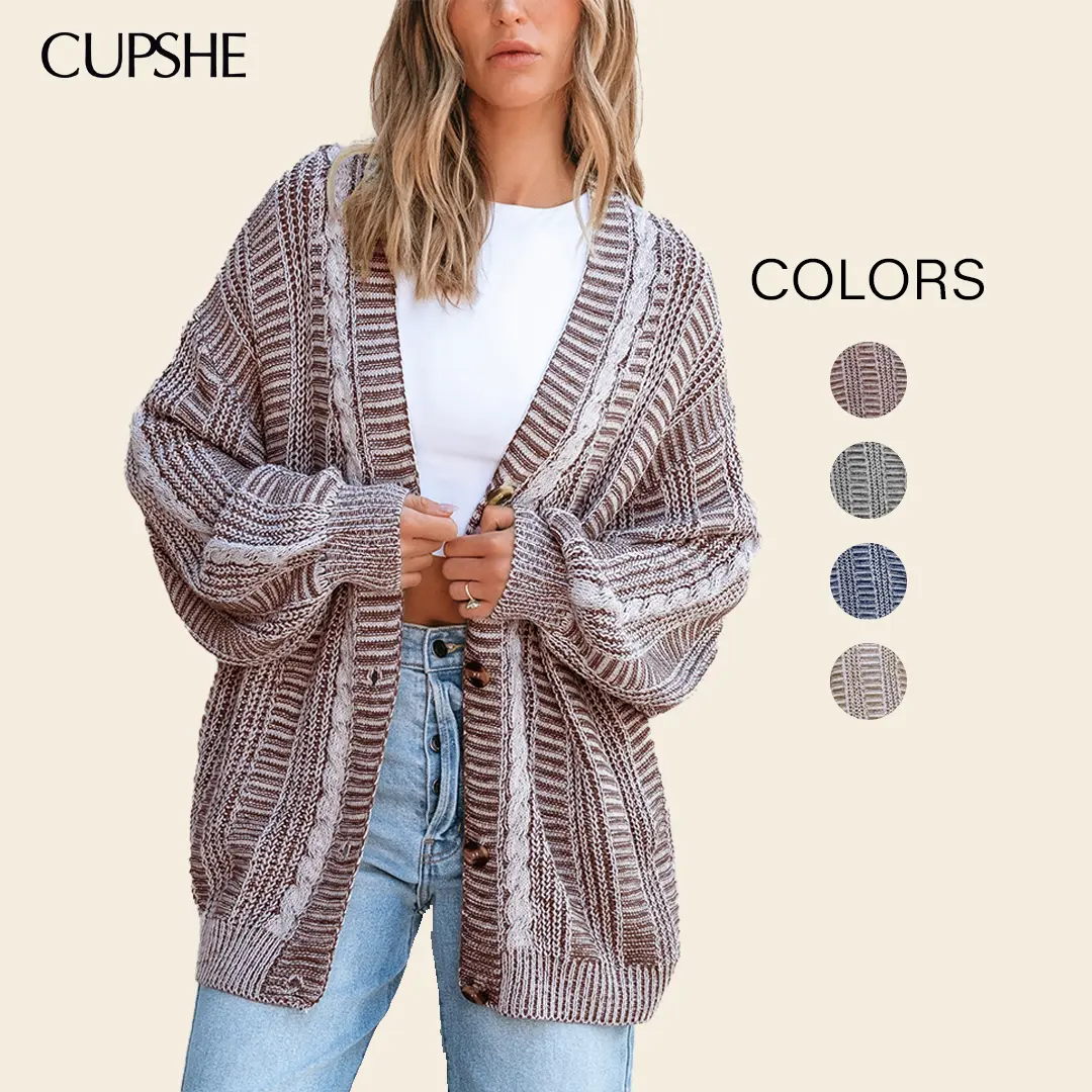 Cupshe Women's Elegant Longline Cable-Knitting Cardigan - V-Neck Acrylic Knit Top with Drop Shoulders, Front Buttons, Casual Wear #summerfinds, Knitwear