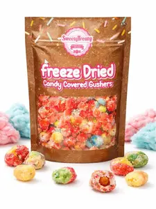 Sour Sweet Fruity Gummies - Cotton Candy Covered Gushers with Sour Strawberries, Chewy Bonbon Snack for Fruit Shop Enthusiasts