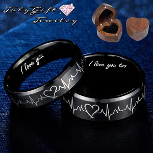 Heartbeat Rings for Couples I Love You Matching Promise Rings Wedding Bands Sets for Him and Her With Wooden Love Box