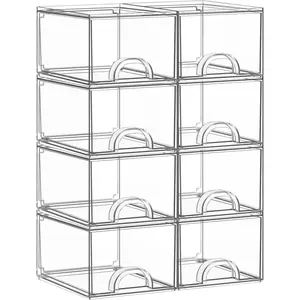 8 Pack Clear Stackable  Storage Boxes Storage Drawers, Storage Organizer, Clear Plastic Makeup Organizer, Ideal for , Cabinet, Desk Organization