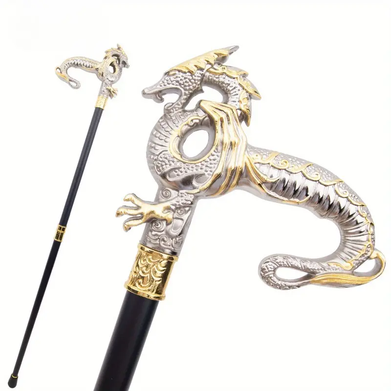 Golden Dragon Themed Scepter – Ornate Dragon Head & Tail Design with Black Handle – Premium Alloy Prop Cane – Ideal for Cosplay, Formal Events, Theatrical Productions, Daily Stroll, and Hiking – 36.6 Inch