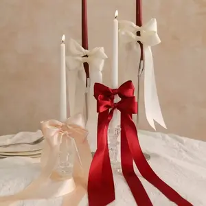 8pcs Dual Ear Candlestick Bowknots, Wine Ribbon Bows, Decor, Perfect for Holiday Parties Weddings Romantic Dates Reusable with Glue Points