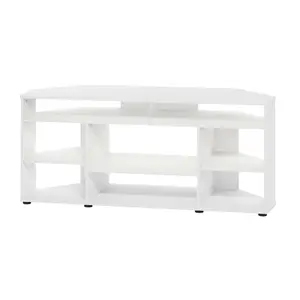 White Corner TV Stand, up to 55-Inch Flat Screens, Solid Rubberwood