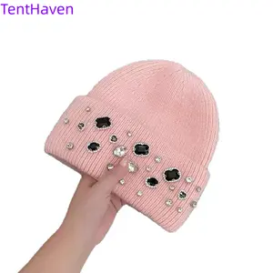 2026 Korean socialite girl handmade rhinestone yarn hat knitted hat autumn and winter girl versatile yarn hat parent-child style