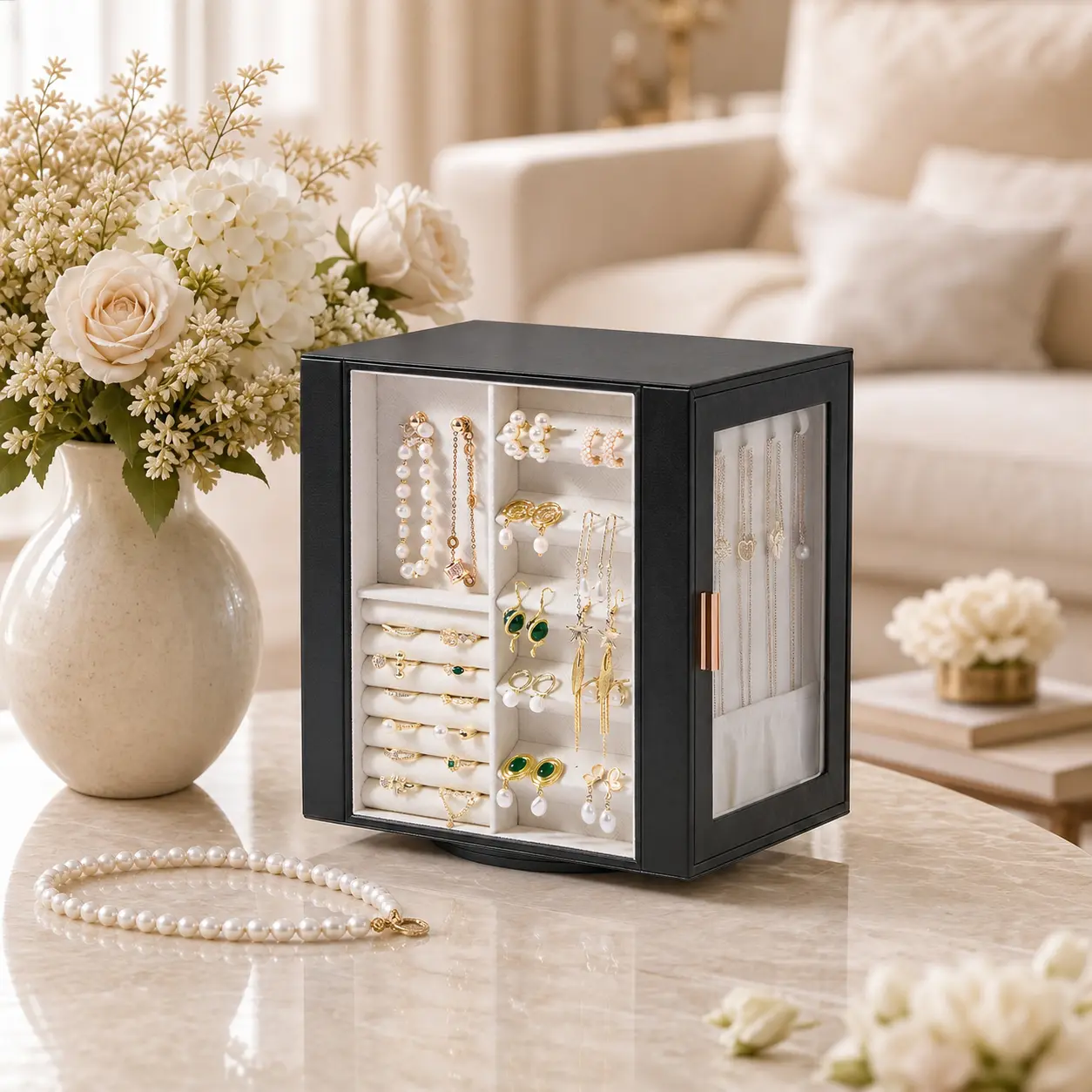 Casegrace 360° Rotating Jewelry Cabinet with 4-Side Display & 5 Detachable Drawers Large Capacity PU Leather Jewelry Storage Viral Display Vanity Organizer Case Modern Aesthetic Home Desktop Decor