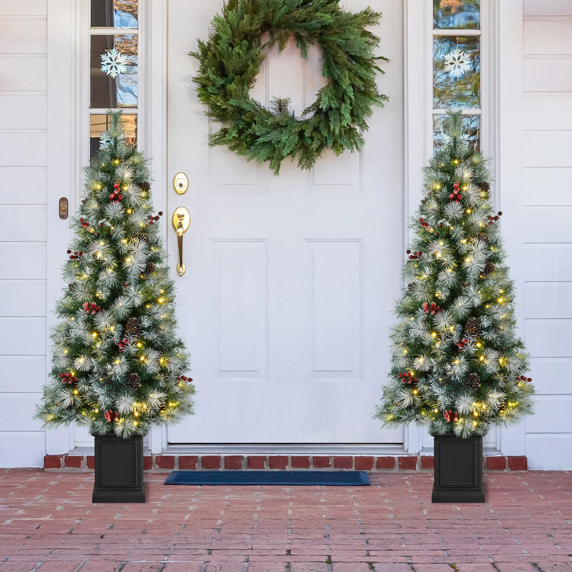 Glitzhome 4ft/5ft/6ft Pre-Lit Greenery Pine Cones and Red Berries Christmas Porch Tree, with Warm White Lights