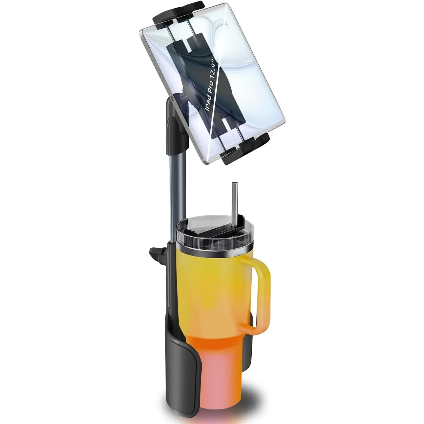 3 in 1 Tablet Holder for  Bottle, 360?Rotatable &  Telescopic Arm Sturdy Rod Cup Holder Tablet Mount for iPad Pro 12.9/11/10.5/9.7/Air/Mini 6/5/4,  16/15/Pro, 4.7-12.9" Tab & Phone