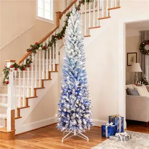 6/7FT Pre-Lit Gradient Blue Artificial Hinged Ultra-Slim Pencil Christmas Tree with 200 LED Lights (8 Lighting Modes), Warm White Glow, Lush Branches The Perfect Choice for Holiday Décor | Gradient Blue Pine Artificial Christmas Tree