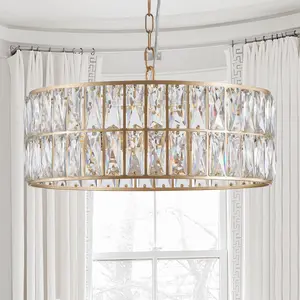 18" Golden Modern Crystal Drum Chandelier, 6-Light Pendant Lighting Fixture with Metal Frame for Living Room, Dining Room, and Bedroom (Bulbs Not Included)