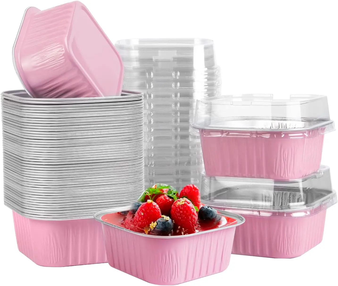 5oz Pink Aluminum Foil Mini Square Baking Cups with Lids (30 Pcs) - Disposable Baking Tools, Kitchen Utensils, Indoor Bakeware for Home, Wedding Brownie, Cake, Desserts